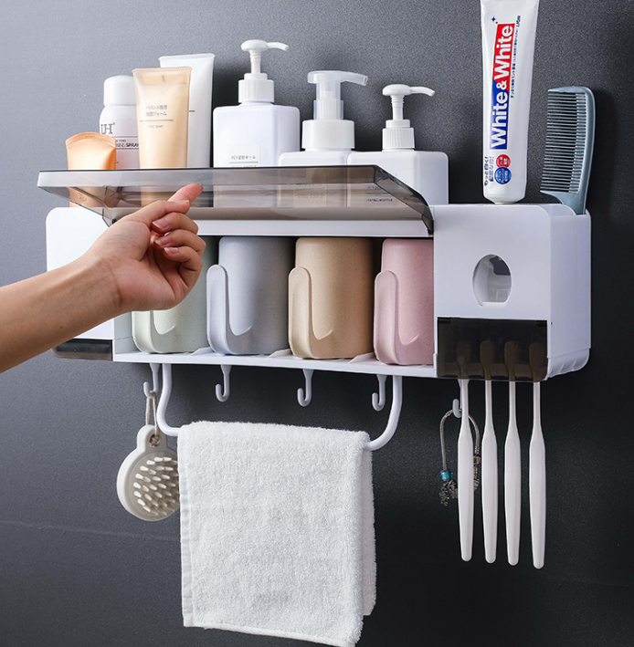 No-Drill Wall-Mounted Bathroom Organiser with Toothbrush Holder