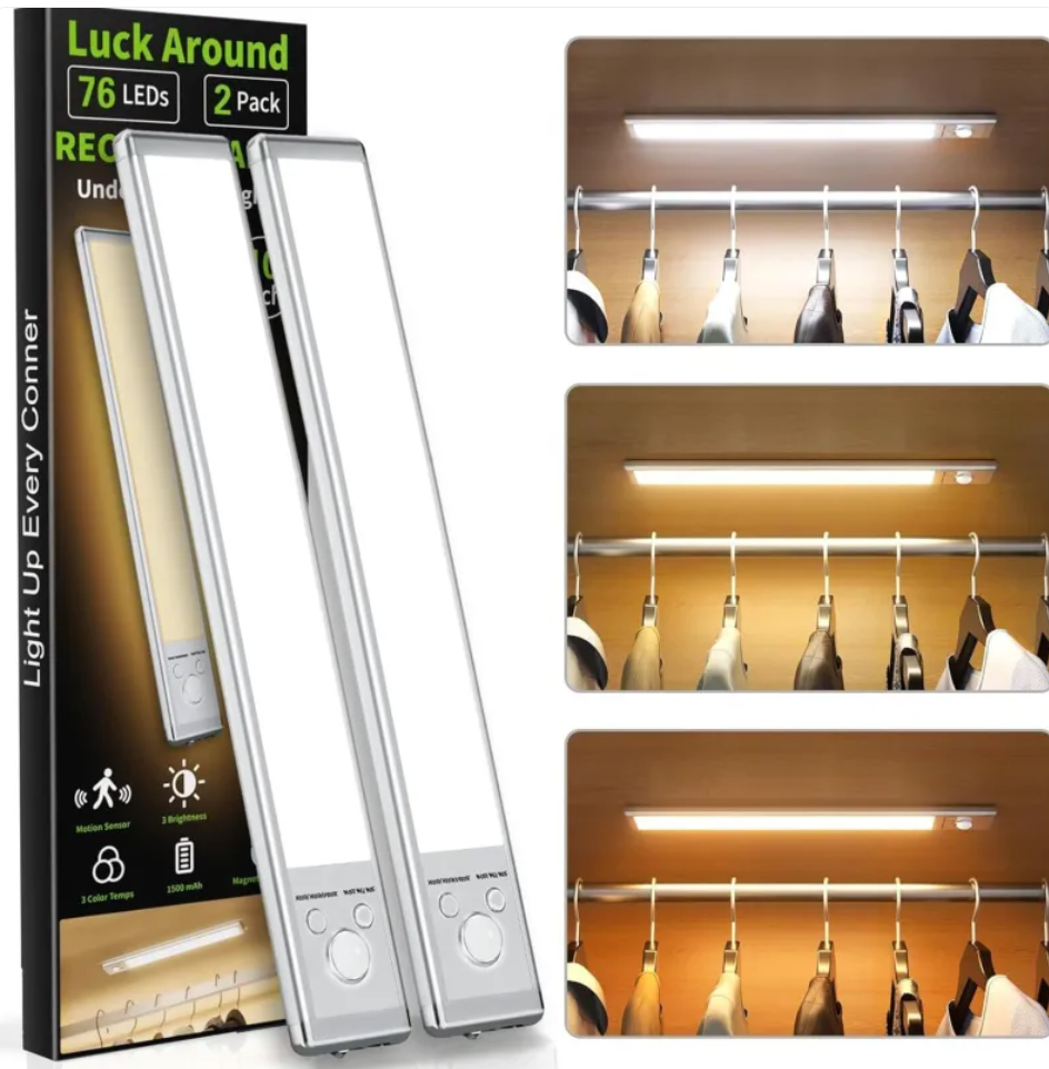 Rechargeable closet lights with motion sensor installed inside a wardrobe above hanging clothes