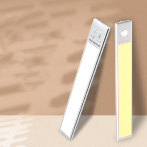 Slim rechargeable motion sensor LED cabinet light bars, front and back view