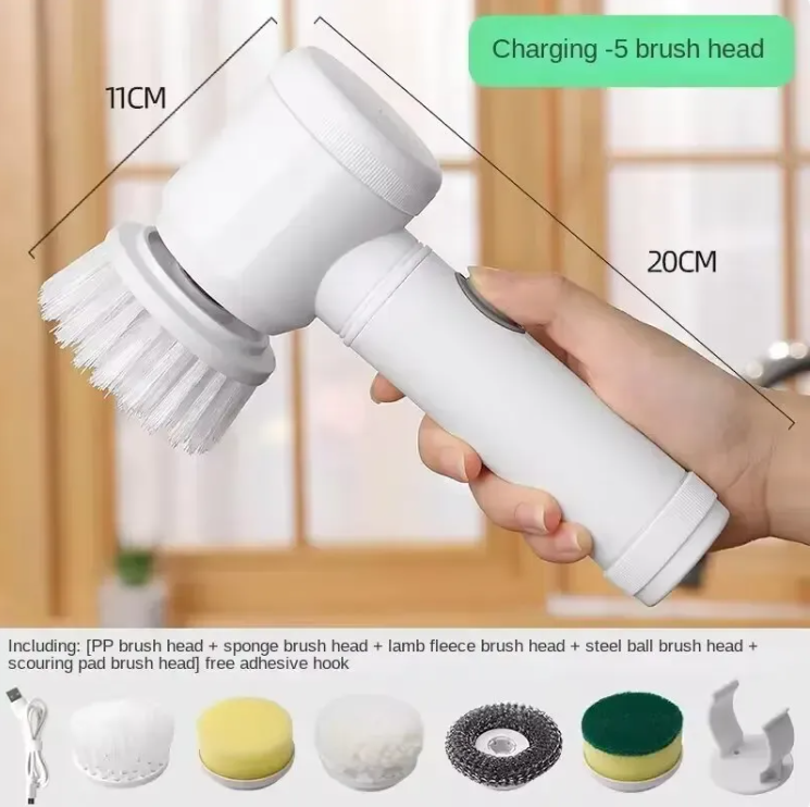 Rechargeable handheld electric spin scrubber with 5 brush heads including sponge, scouring pad and steel ball heads
