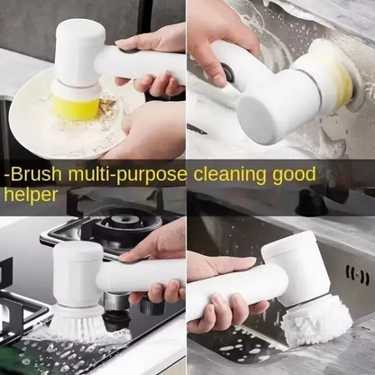 Electric spin scrubber cleaning a plate, hob, sink and kitchen surfaces