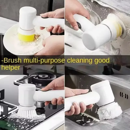 Electric spin scrubber cleaning a plate, hob, sink and kitchen surfaces