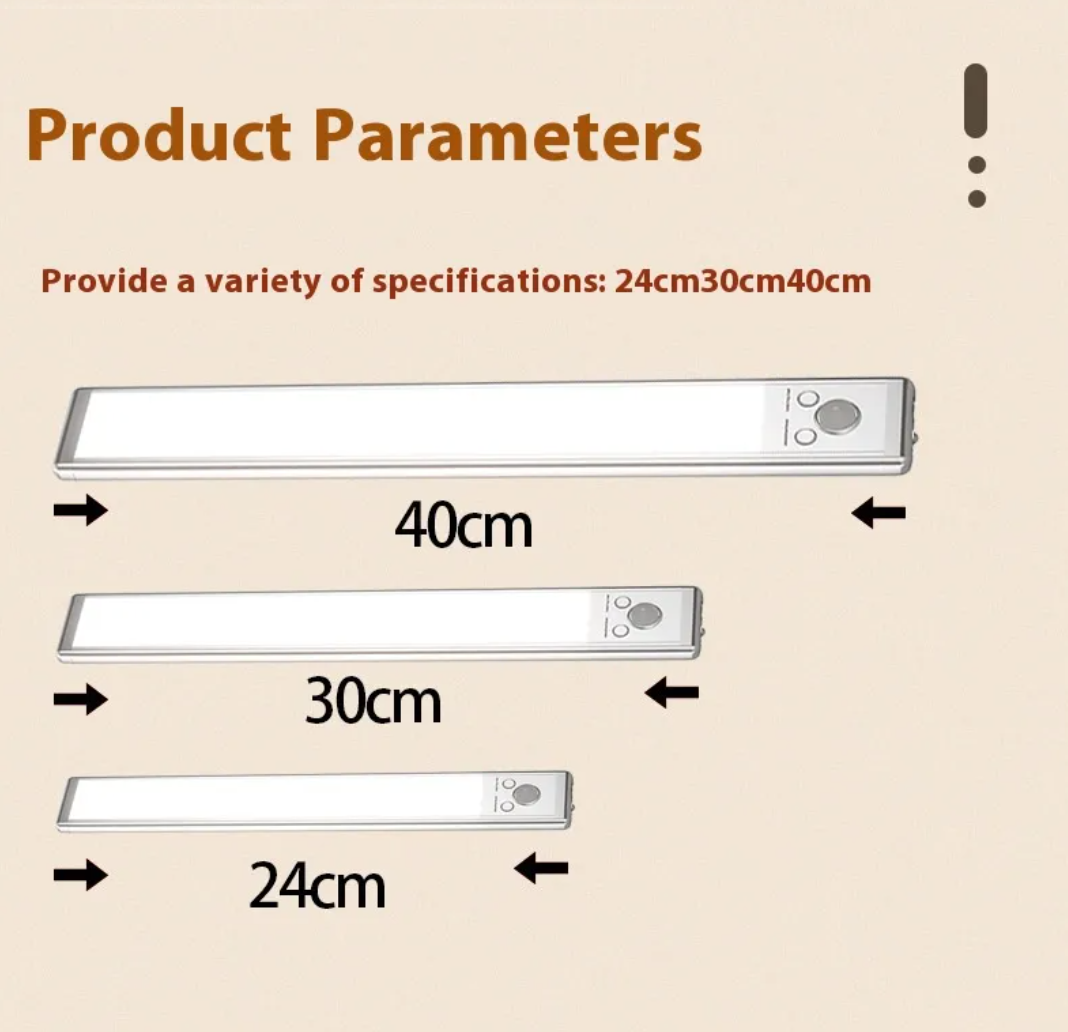 Motion sensor LED cabinet light size guide showing 24cm and 30cm lengths