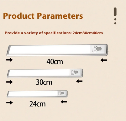 Motion sensor LED cabinet light size guide showing 24cm and 30cm lengths