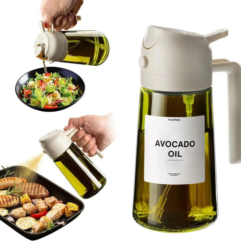 2-in-1 oil sprayer and pourer bottle in white drizzling oil over salad and grilled food