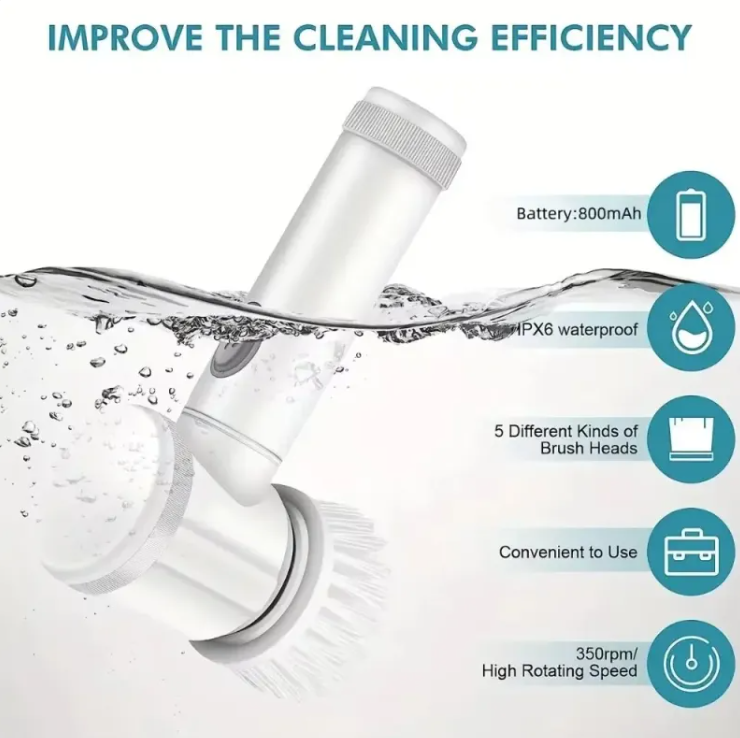 Waterproof rechargeable spin scrubber features: 800mAh battery, IPX6 waterproof, 5 brush heads, high rotating speed