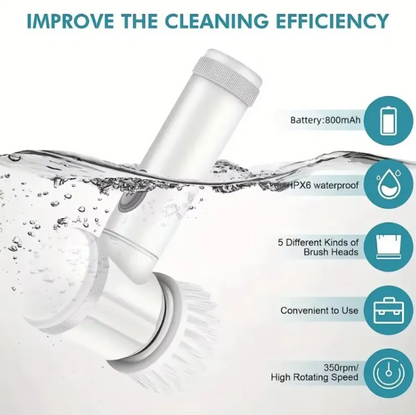 Waterproof rechargeable spin scrubber features: 800mAh battery, IPX6 waterproof, 5 brush heads, high rotating speed