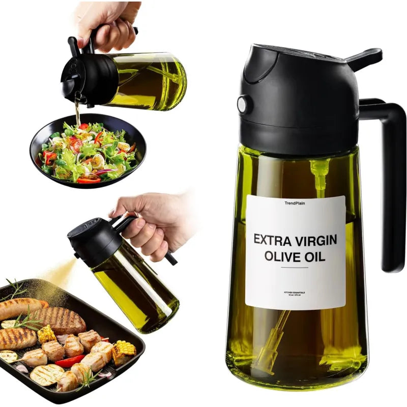 Black oil sprayer bottle with spray and pour functions for olive oil, salads and BBQ