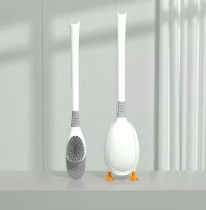White duck toilet brush with long handle and free-standing duck holder